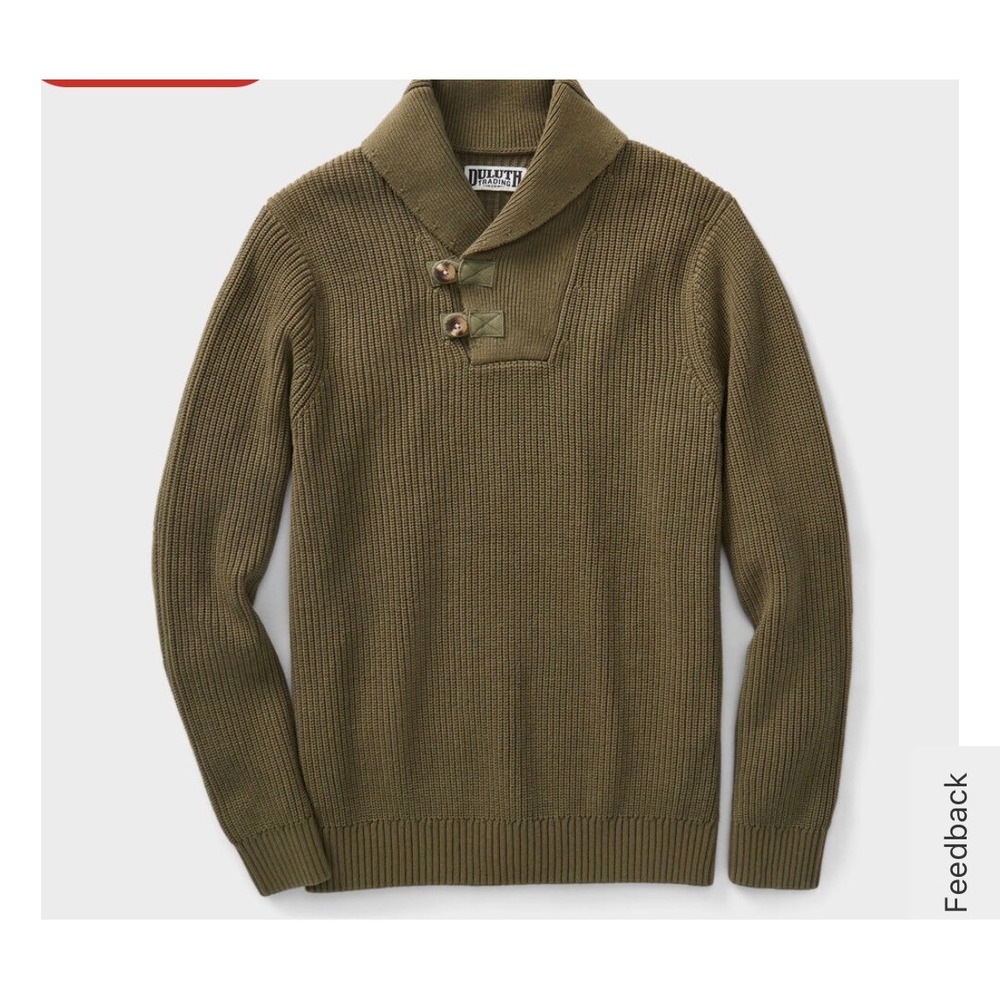 Duluth Trading Co Mens Olive Green Cotton Wool Ribbed Shawl Collar Sweater Large